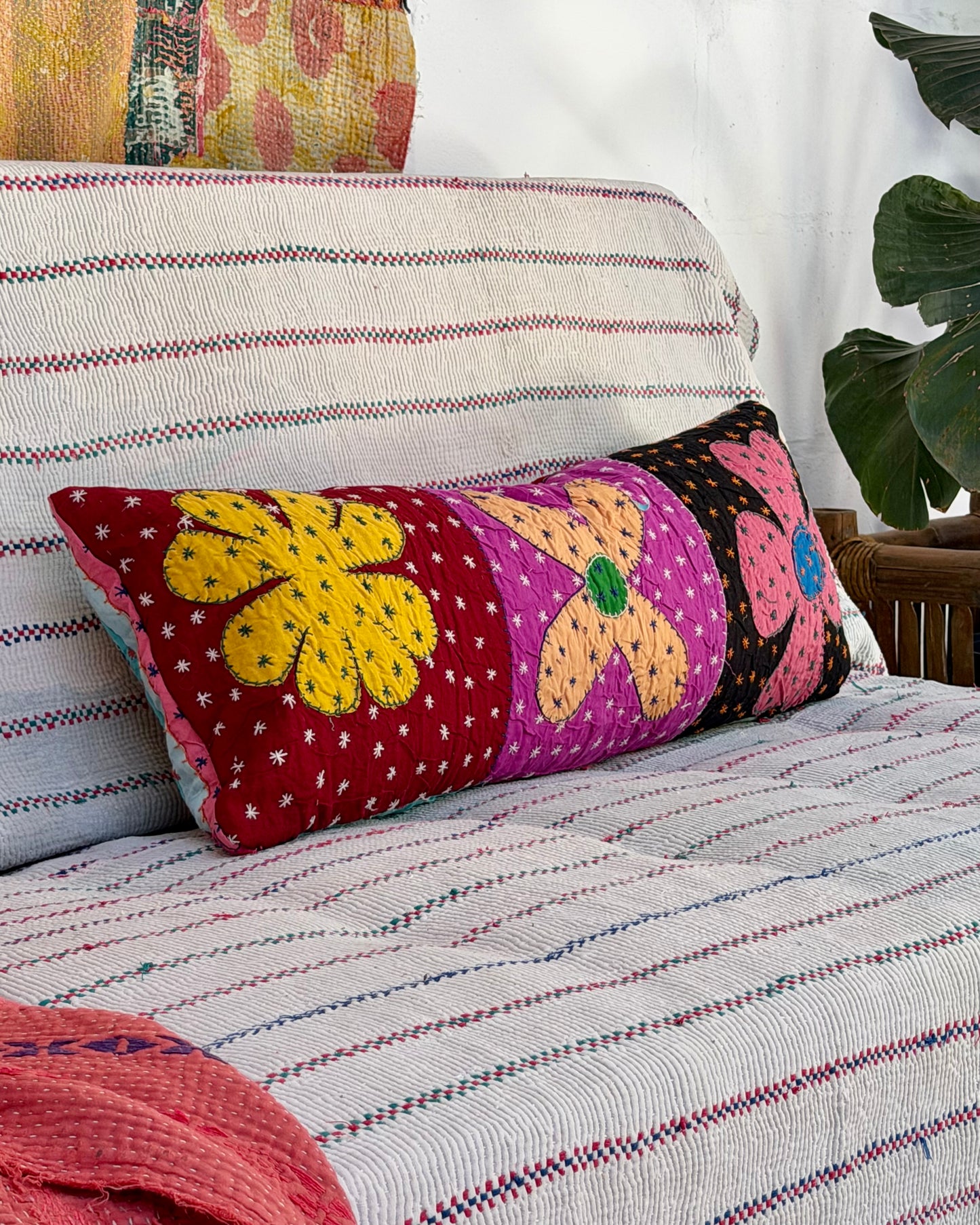 Vintage Kantha Bolster Cushion Cover In Flower Patchwork - 80cm