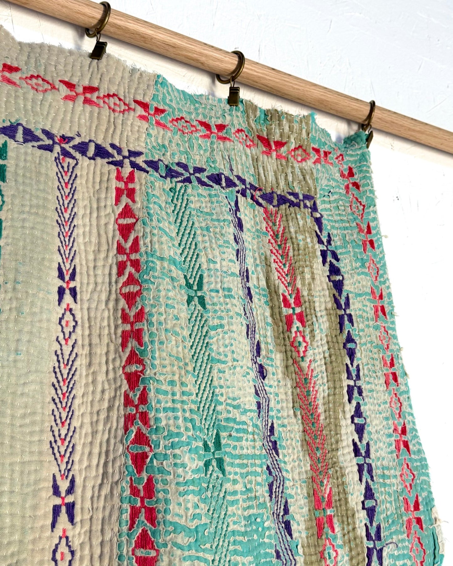 Embroidered and Textured Vintage Kantha Quilt In Green and Light Pink - Biggs & Hill