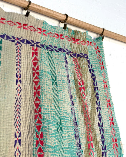 Embroidered and Textured Vintage Kantha Quilt In Green and Light Pink - Biggs & Hill