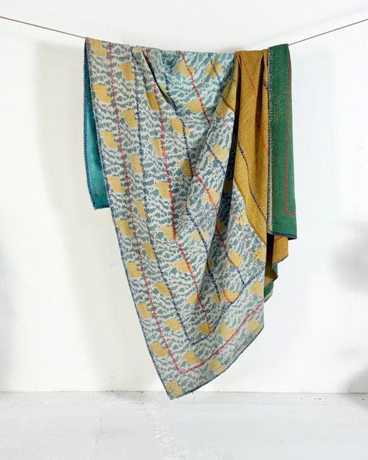 Extra Large Fine Stitched Embroidered Vintage Kantha Quilt in Green, Blue and Terracotta - Biggs & Hill
