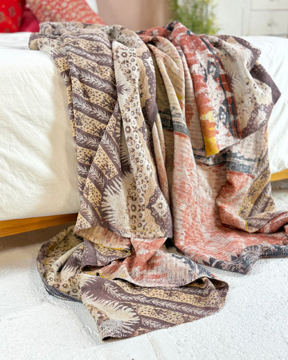 Large Extra Fine Stitched Vintage Kantha Quilt in Pinks and Greys