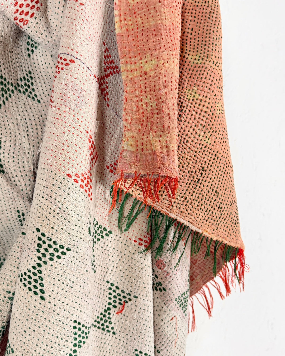 Embroidered Vintage Kantha Quilt in Peachy Pink, Yellow and White - Biggs & Hill