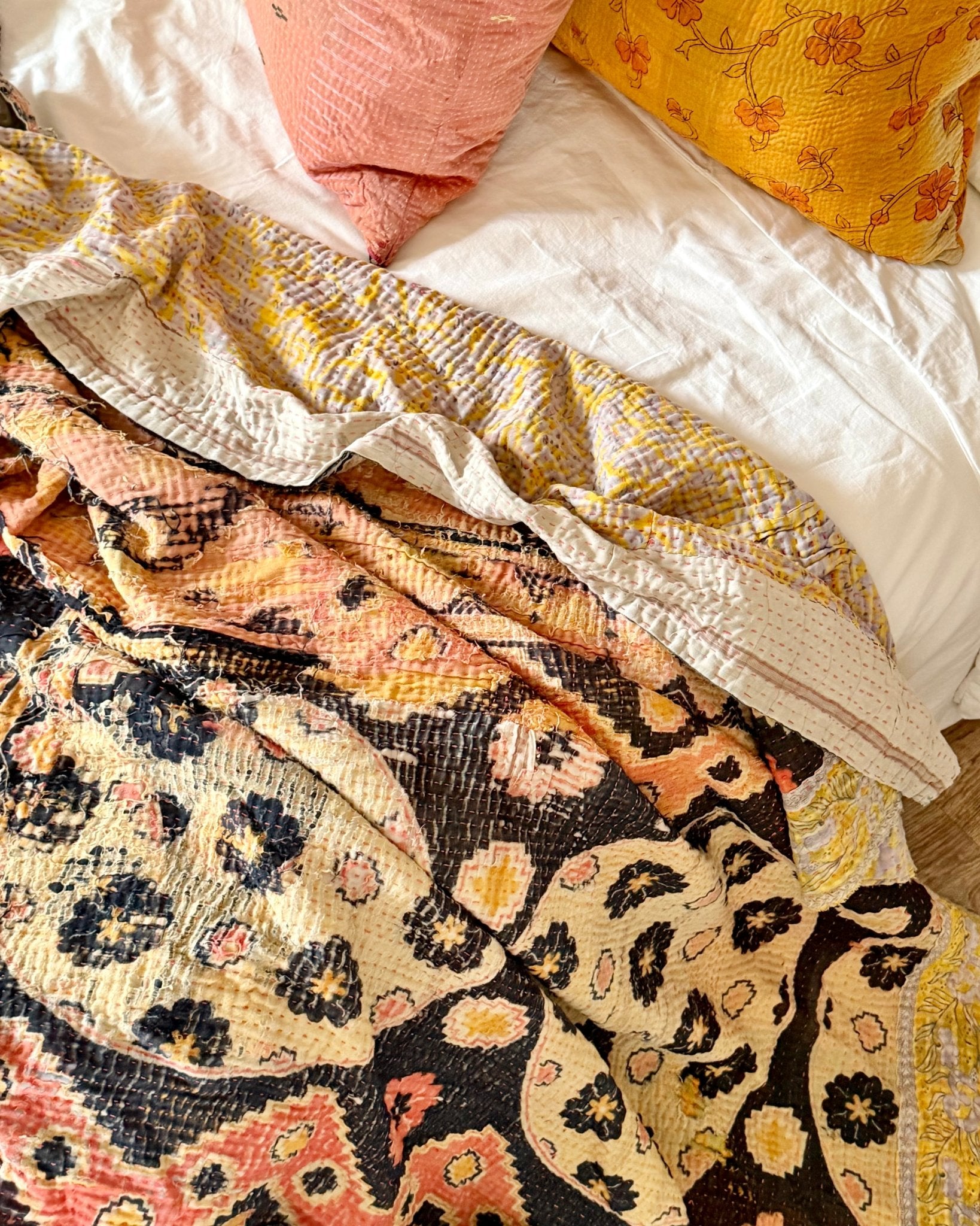Large Textured Vintage Kantha Quilt In Geometric Peach and Black - Biggs & Hill