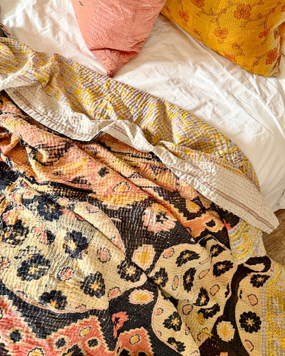 Large Textured Vintage Kantha Quilt In Geometric Peach and Black - Biggs & Hill