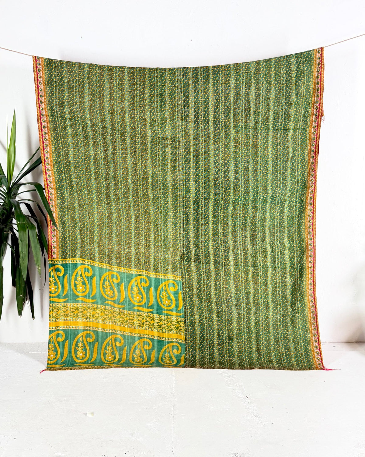 Extra Large Fine Stitched Vintage Kantha Quilt in Pink, Yellow and Green - Biggs & Hill