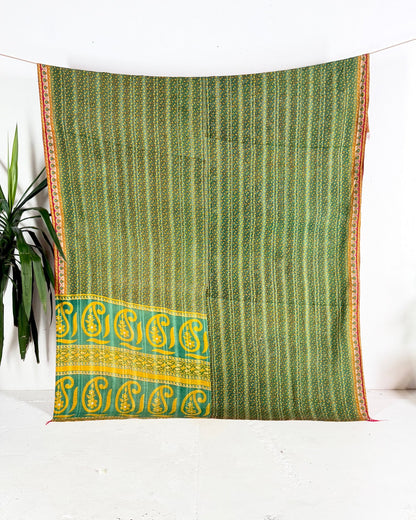 Extra Large Fine Stitched Vintage Kantha Quilt in Pink, Yellow and Green - Biggs & Hill