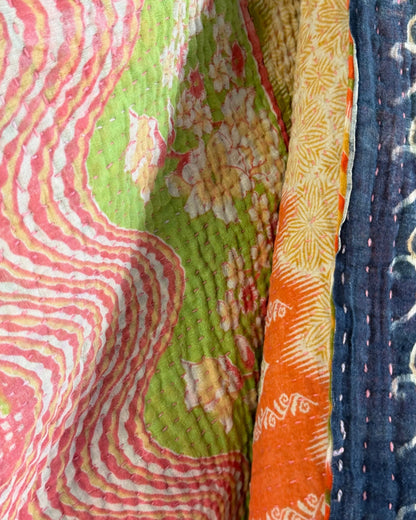 Large Fine Stitched Vintage Kantha Quilt in Orange, Green, Lilac and Yellow - Biggs & Hill