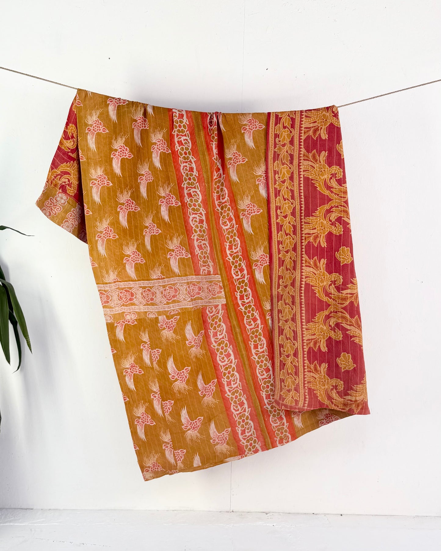 Large Fine Stitched Vintage Kantha Quilt in Mustard and Pink