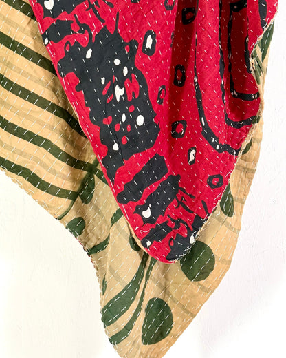 Vintage Cotton Kantha Quilt In Olive Green and Red 08 - Biggs & Hill