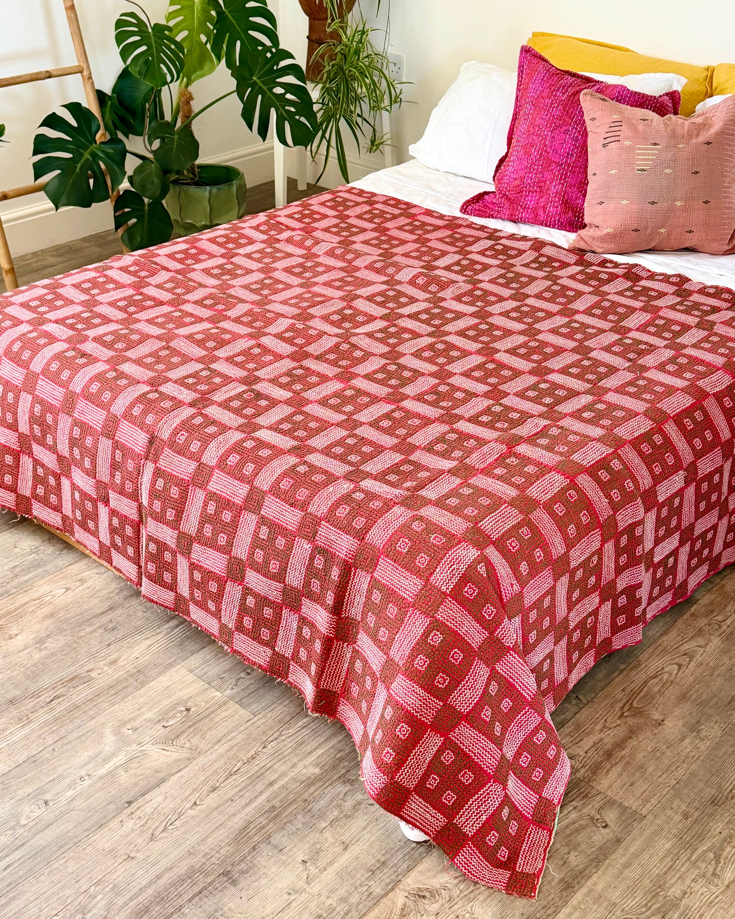 Heavy Vintage Galicha Kantha Quilt In Pink and Green