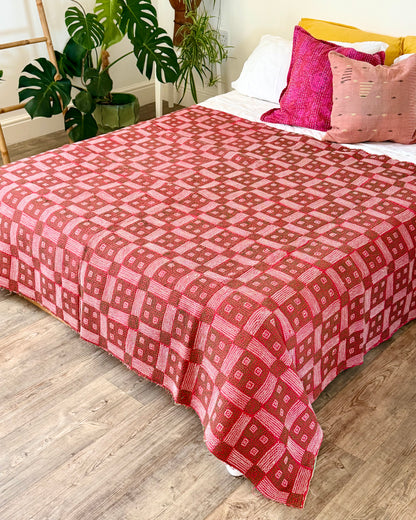 Heavy Vintage Galicha Kantha Quilt In Pink and Green