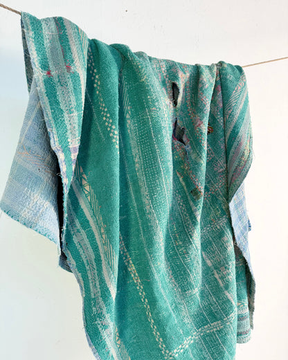 Project Kantha Quilt: Green and Blue With Authentic Aged Texture