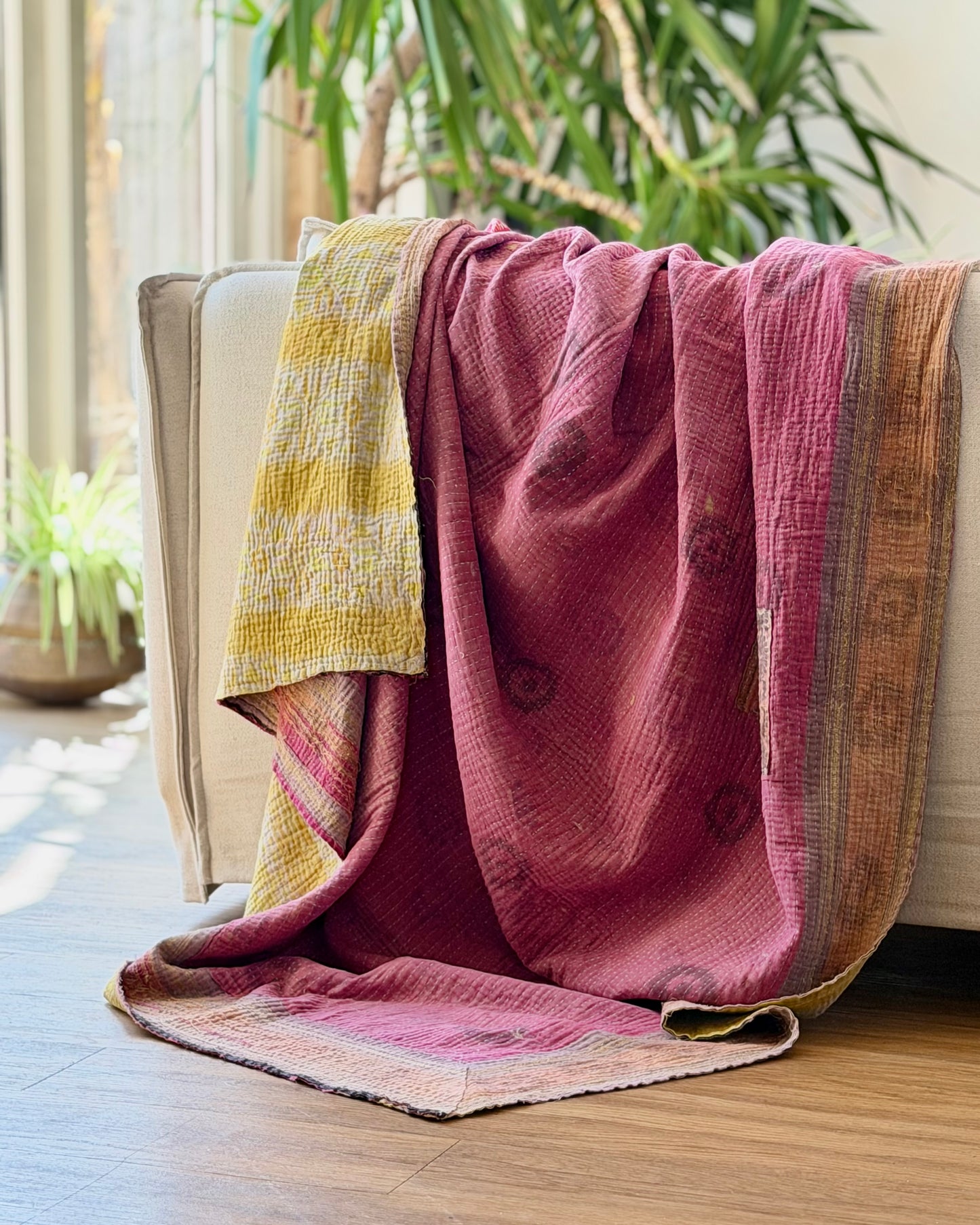 Extra Large Fine Stitched Vintage Kantha Quilt in Pink And Yellow