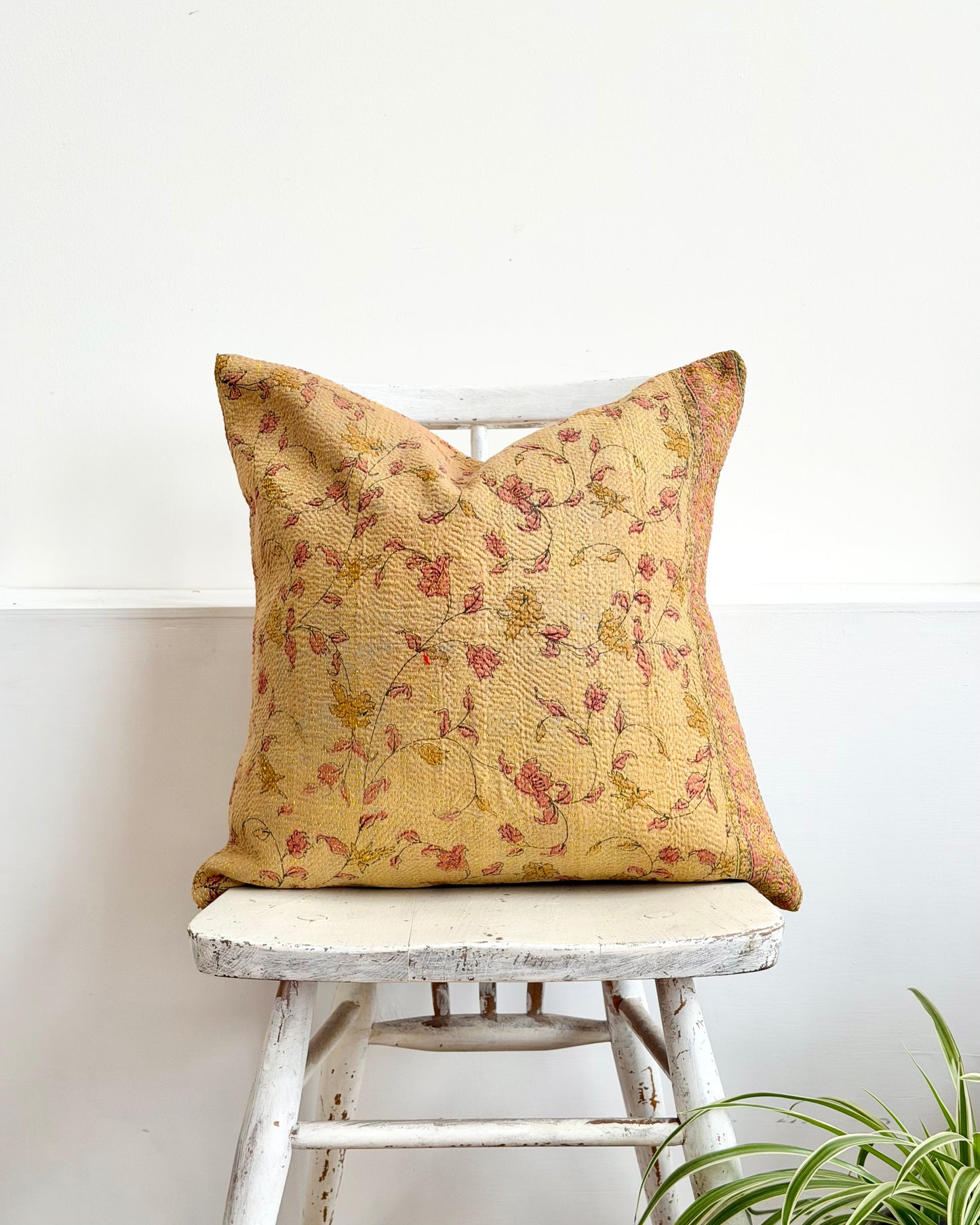 Vintage Kantha Cushion With Yellow Flowers - 45cm Square