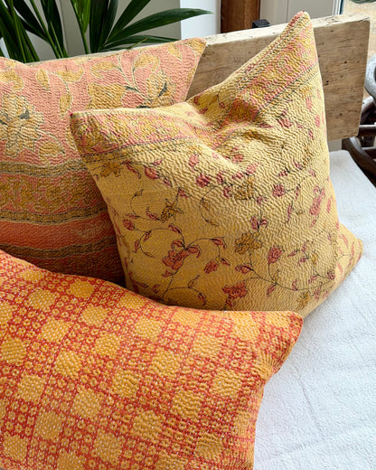 Vintage Kantha Cushion With Yellow Flowers - 45cm Square