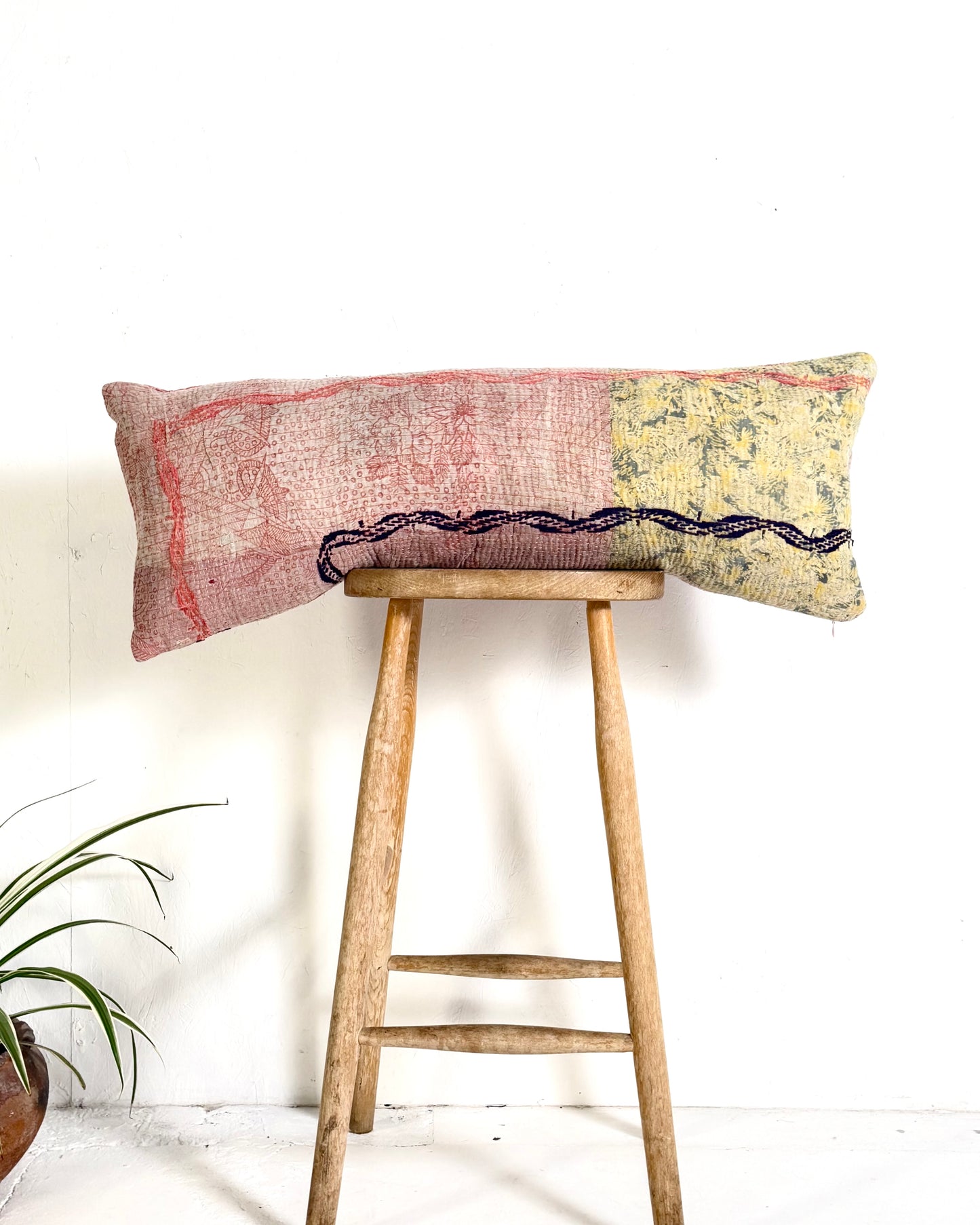 Vintage Kantha Bolster Cushion Cover In Green and Pink with Embroidery 30 x 80cm