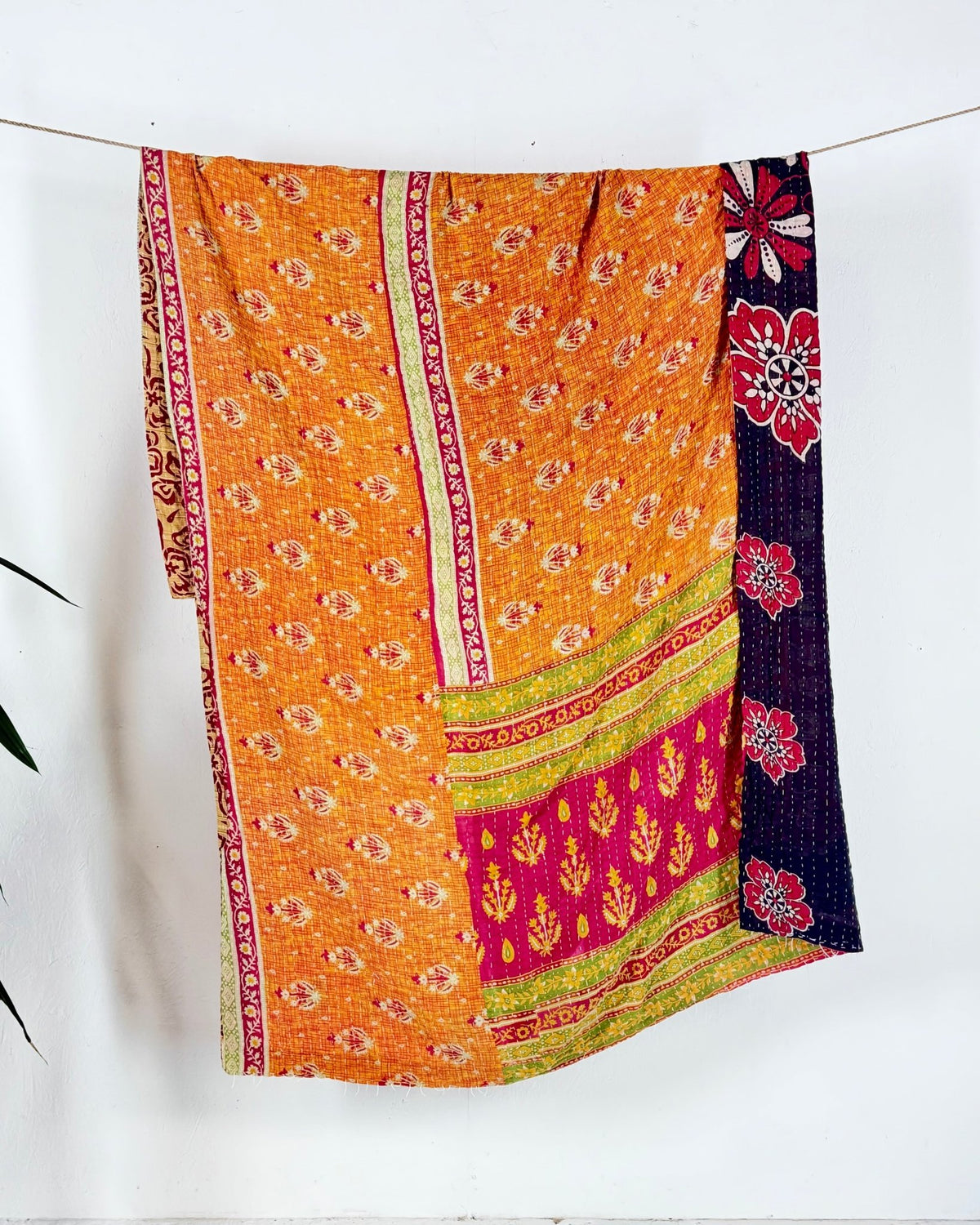 Vintage Cotton Kantha Quilt In Orange and Black 13 - Biggs & Hill