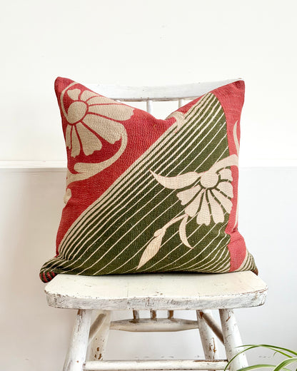 Vintage Kantha Cushion In Green and Pink- 45cm Square