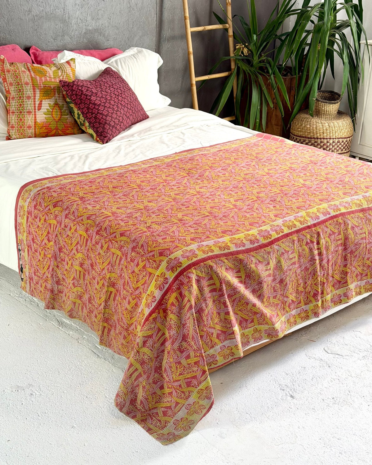 Large Fine Stitched Vintage Kantha Quilt in Pink, Orange and Lilac - Biggs & Hill