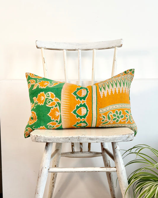 Vintage Kantha Cushion In Green and Orange - Small Rectangular