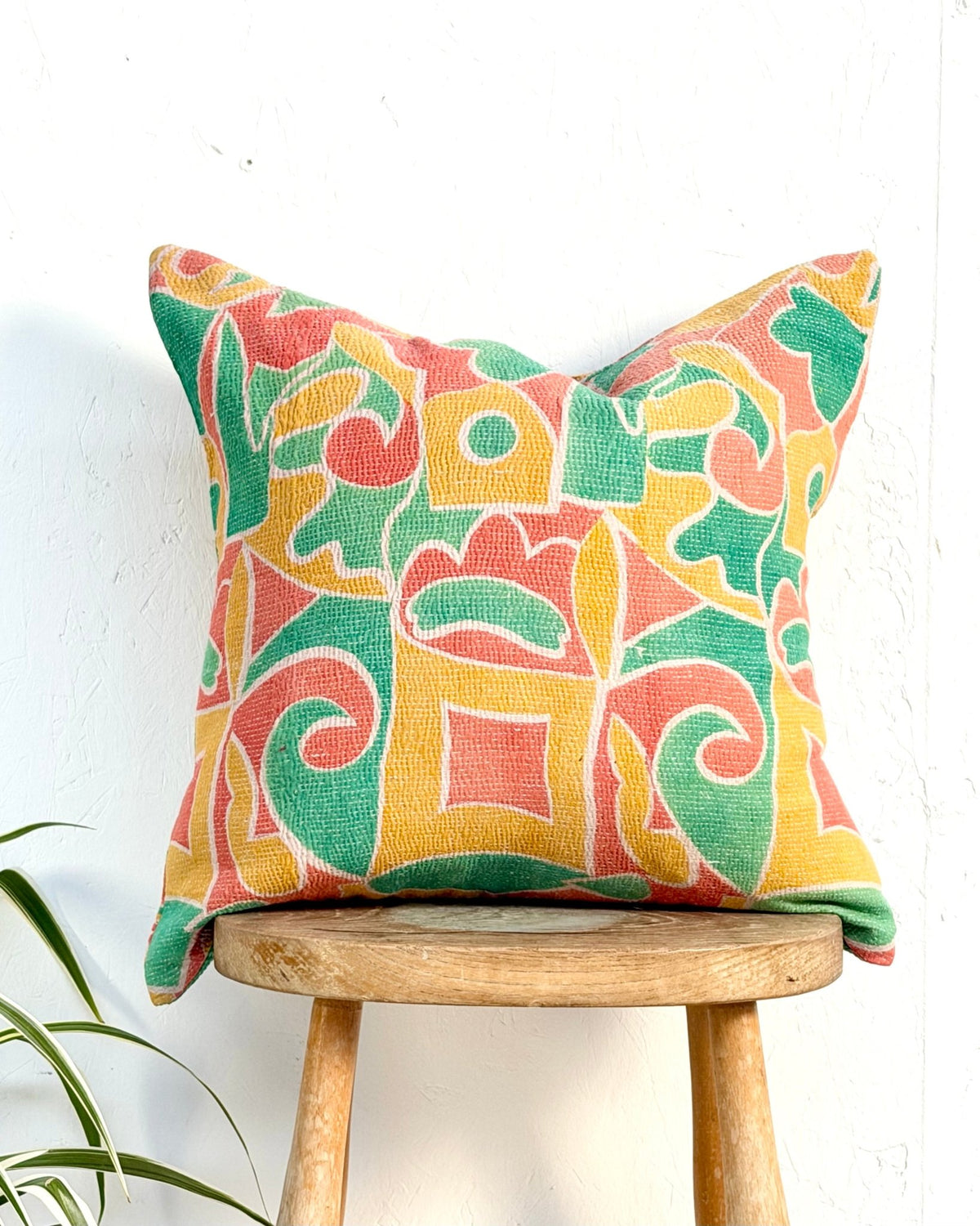 Handmade Vintage Kantha Cushion Cover In Green and Yellow - 45cm (18") Square - Biggs & Hill