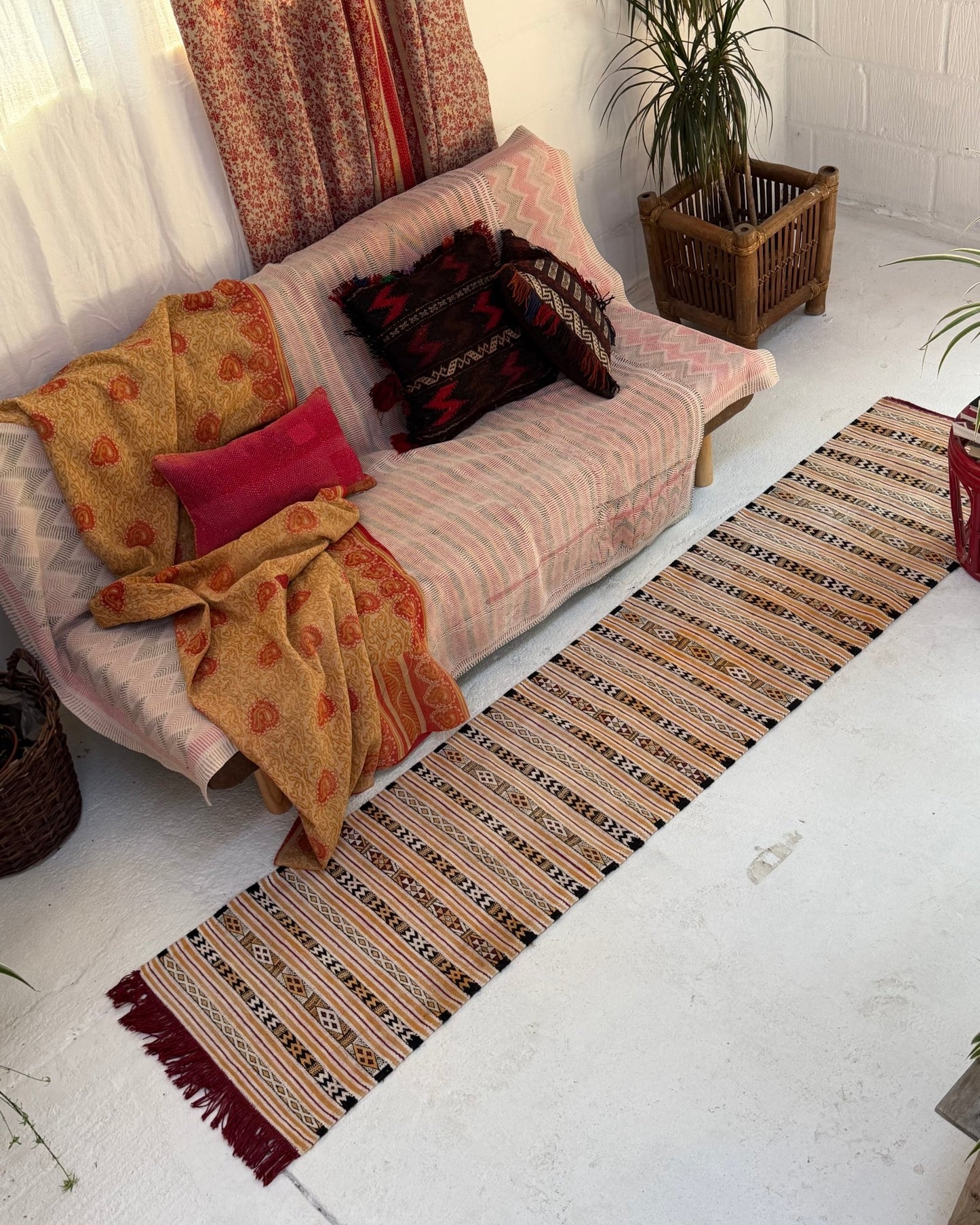 White and Yellow Vintage Turkish Cotton Kilim Runner - Biggs & Hill