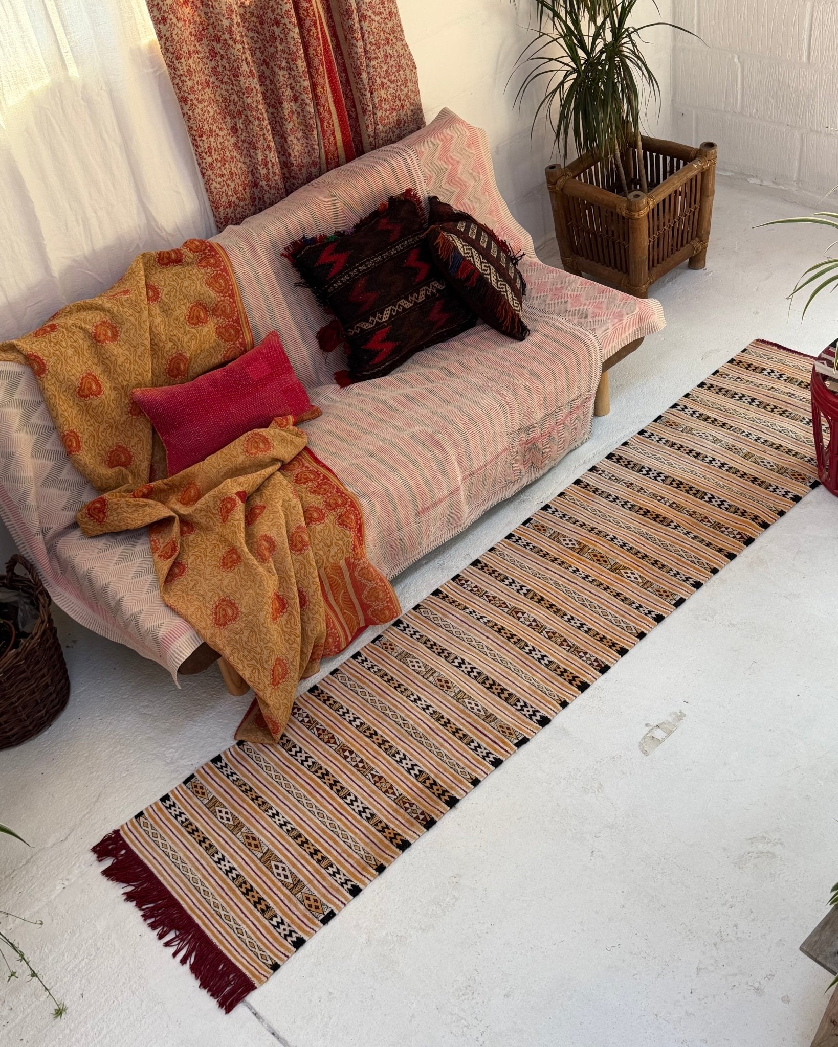 White and Yellow Vintage Turkish Cotton Kilim Runner - Biggs & Hill