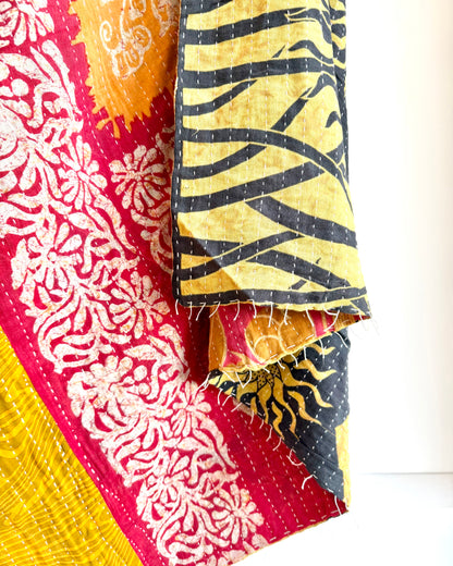 Vintage Cotton Kantha Quilt In Green And Yellow #38