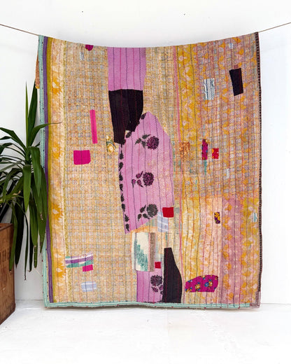 Large Textured Vintage Kantha Quilt In Abstract Pink, Purple and Yellow - Biggs & Hill
