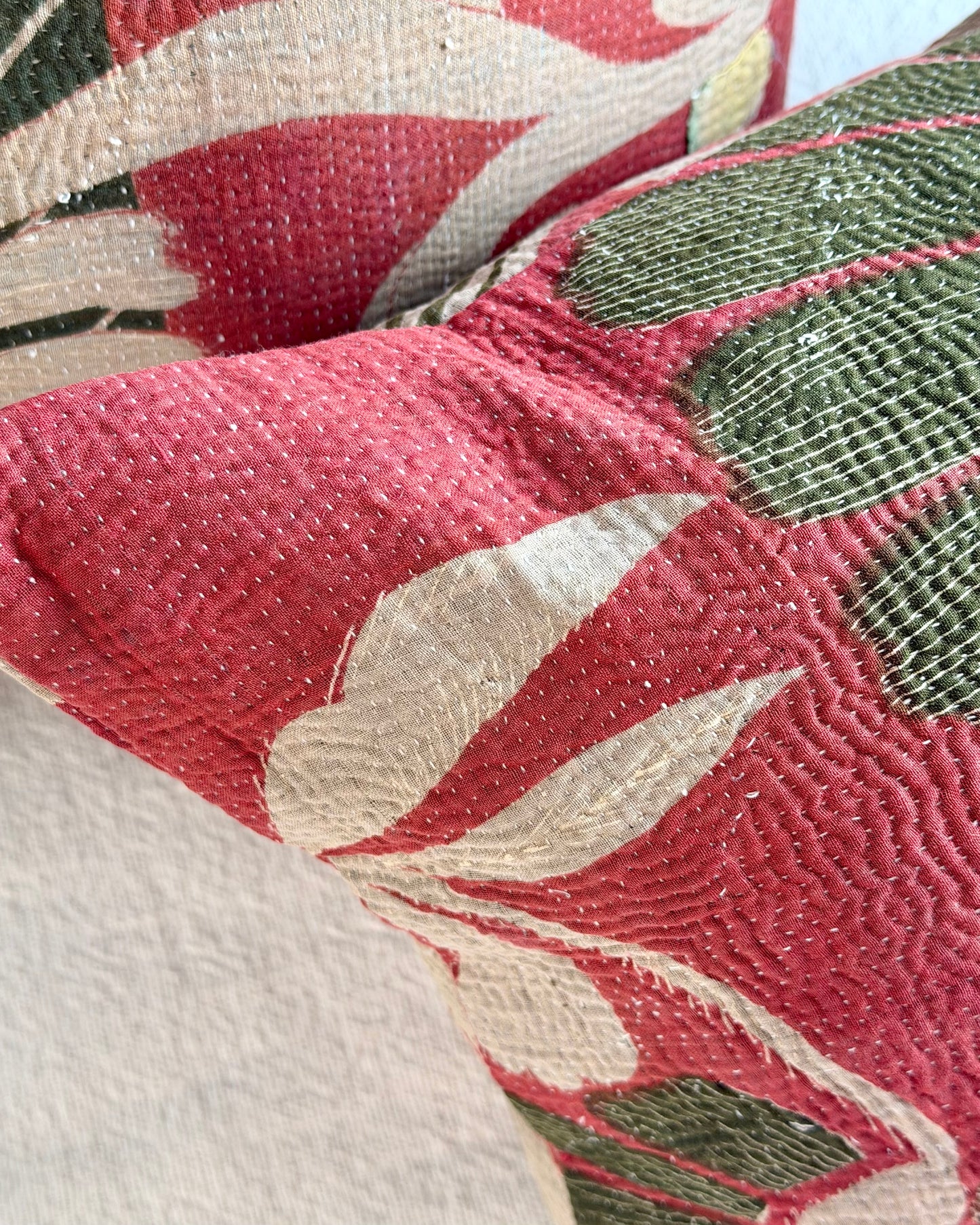 Vintage Kantha Cushion In Forest Green and Pink - Small Rectangular