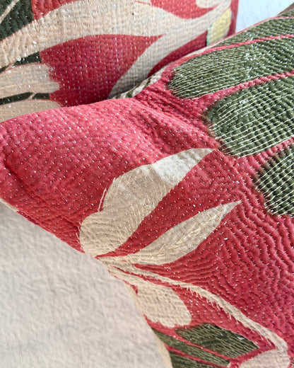 Vintage Kantha Cushion In Forest Green and Pink - Small Rectangular