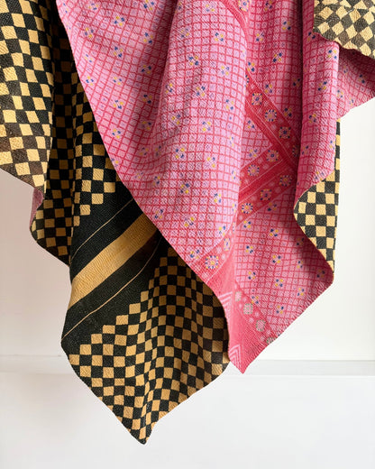 Large Fine Stitched Vintage Kantha Quilt in Chequered Yellow and Black and Pink - Biggs & Hill