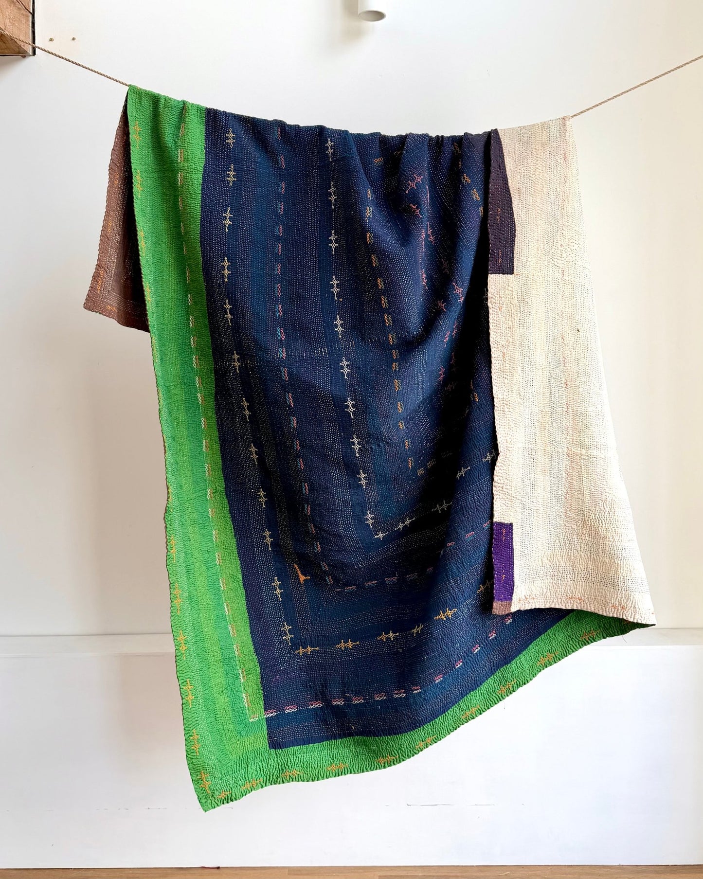 Vintage Embroidered Saami Ralli Quilt in Dark Blue, Green With Brown Colour Block Reverse - Biggs & Hill
