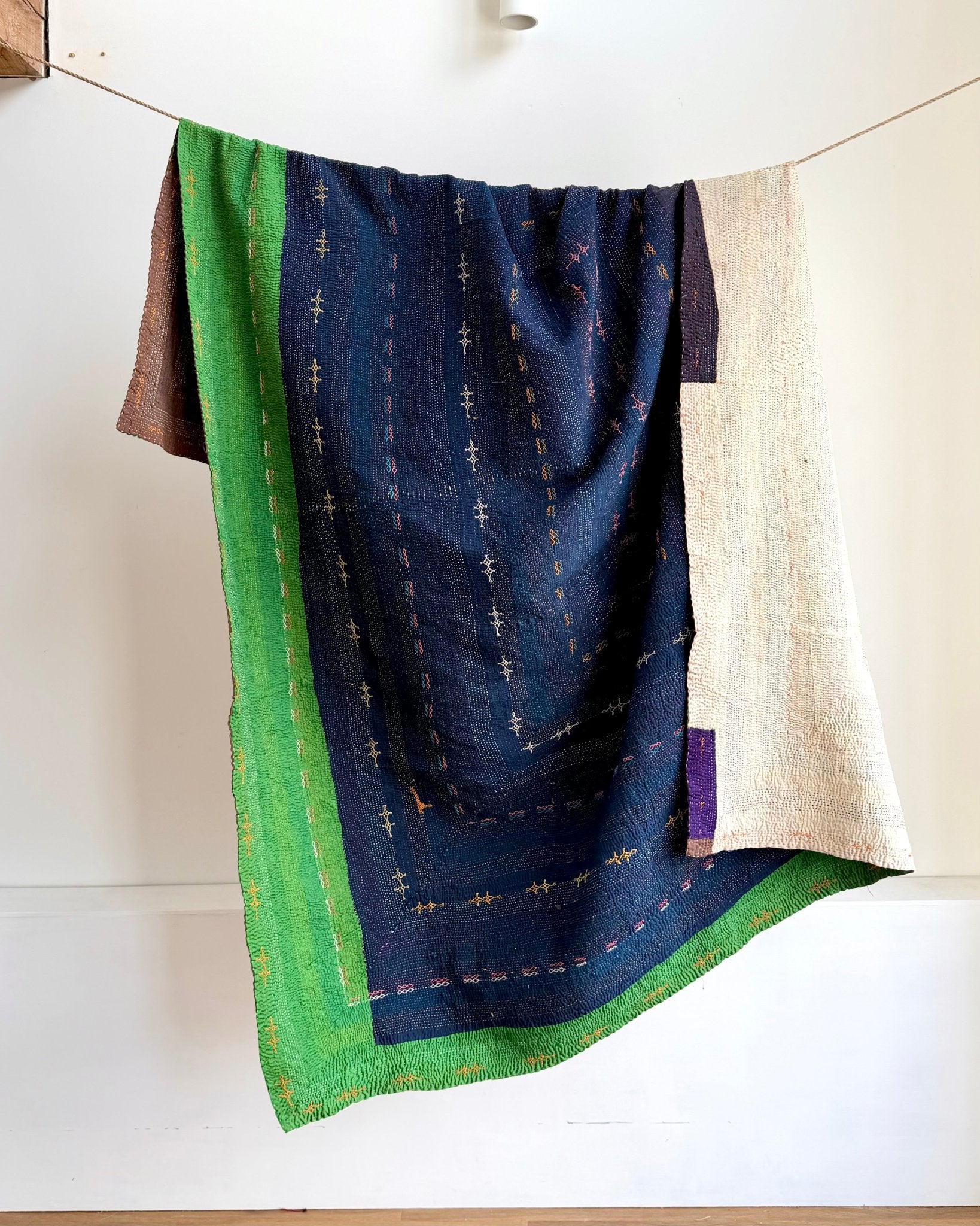 Vintage Embroidered Saami Ralli Quilt in Dark Blue, Green With Brown Colour Block Reverse - Biggs & Hill