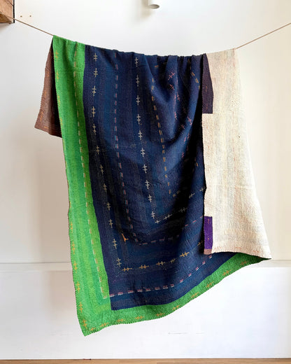 Vintage Embroidered Saami Ralli Quilt in Dark Blue, Green With Brown Colour Block Reverse - Biggs & Hill