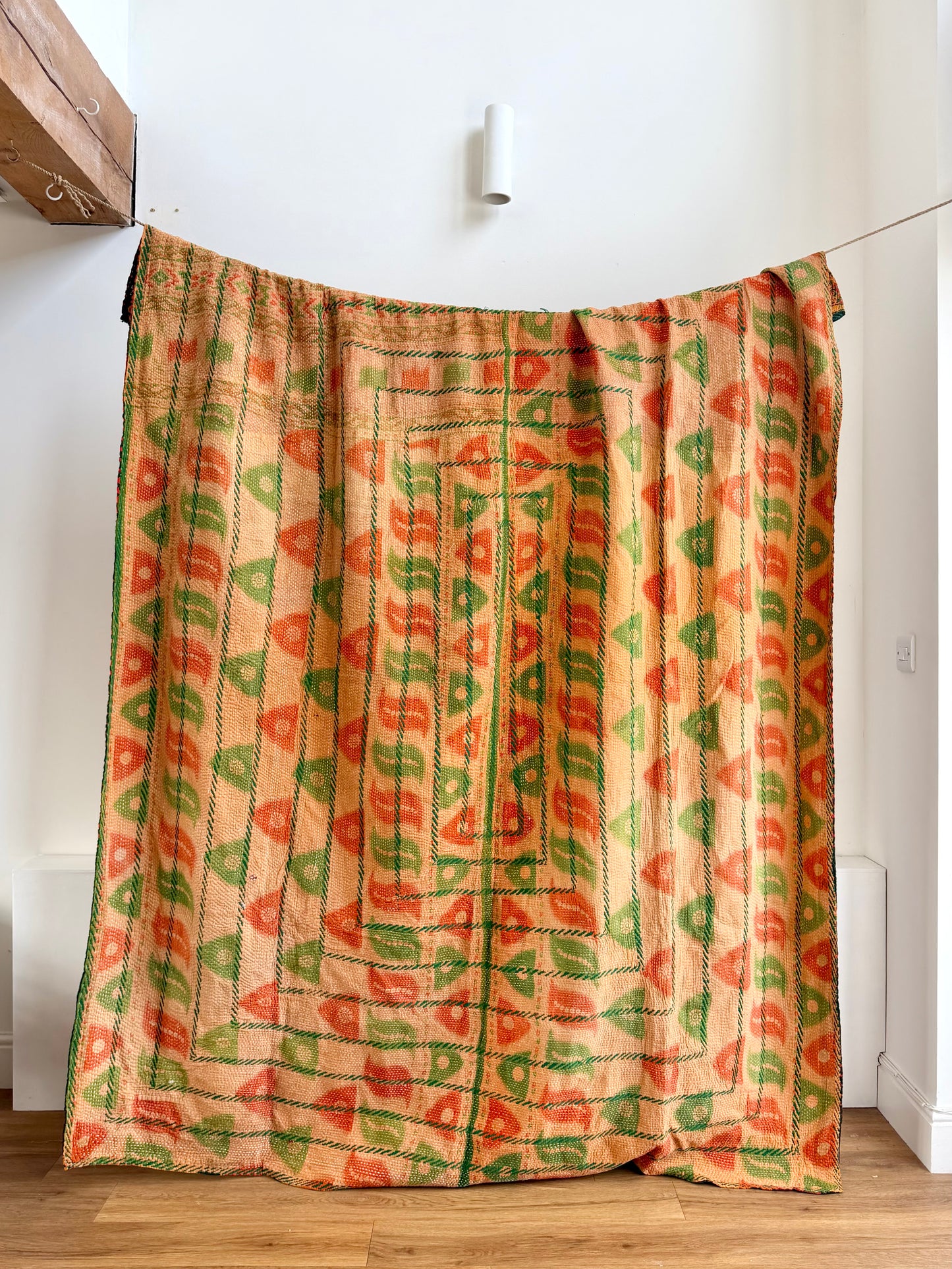 Extra Large Embroidered Vintage Kantha Quilt in Orange and Green