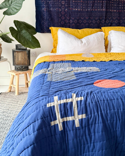 Quilted Kantha In Blue and Yellow With Geometric Patterns - SUPER KING - Biggs & Hill