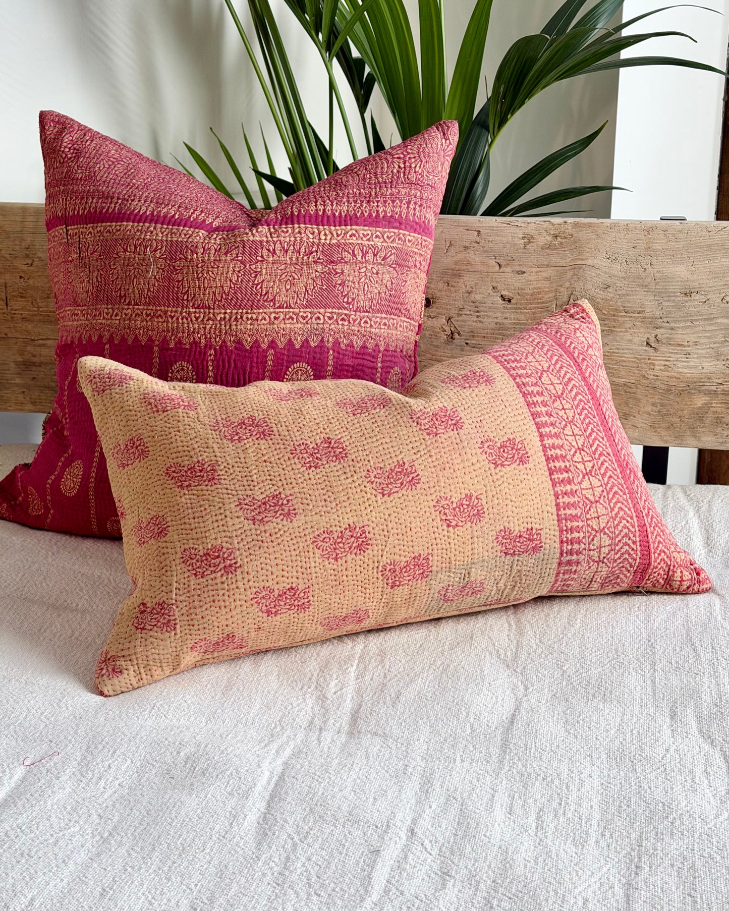 Vintage Kantha Cushion In Pink and Beige - Small Rectangular