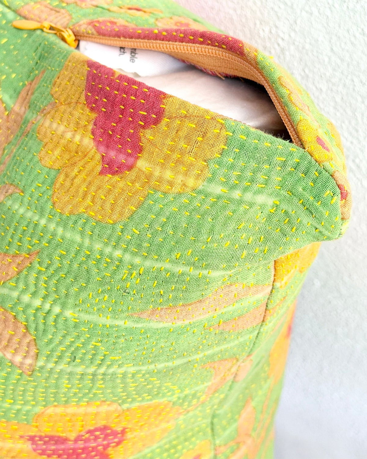 Handmade Reversible Vintage Kantha Cushion Cover In Green and Yellow - 45cm (18") - Biggs & Hill