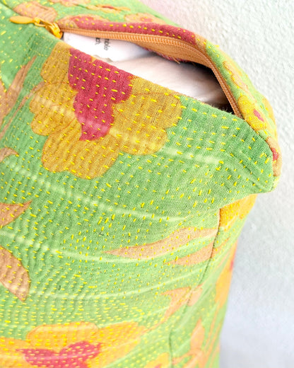 Handmade Reversible Vintage Kantha Cushion Cover In Green and Yellow - 45cm (18") - Biggs & Hill