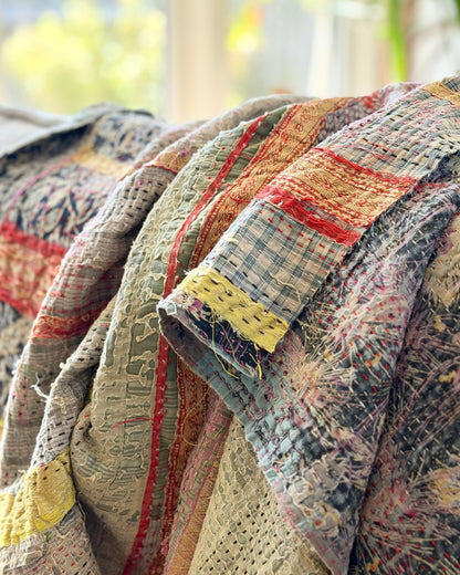 Textured Vintage Kantha Quilt In Green and Gold - Biggs & Hill