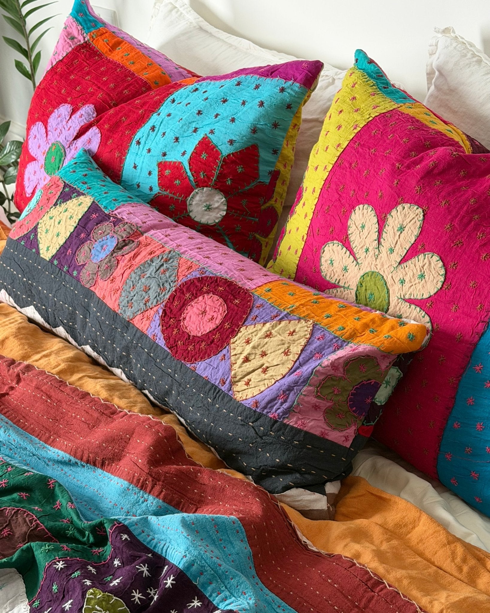 Patchwork Hand Stitched Reversible Bolster Cushion 01 - 80cm - Biggs & Hill