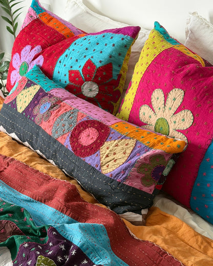 Patchwork Hand Stitched Reversible Bolster Cushion 01 - 80cm - Biggs & Hill