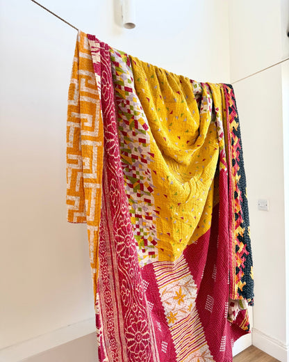 Super King Vintage Kantha Quilt in Orange, Black and Yellow - Biggs & Hill