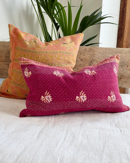 Vintage Kantha Cushion In Burgundy and Gold - Small Rectangular