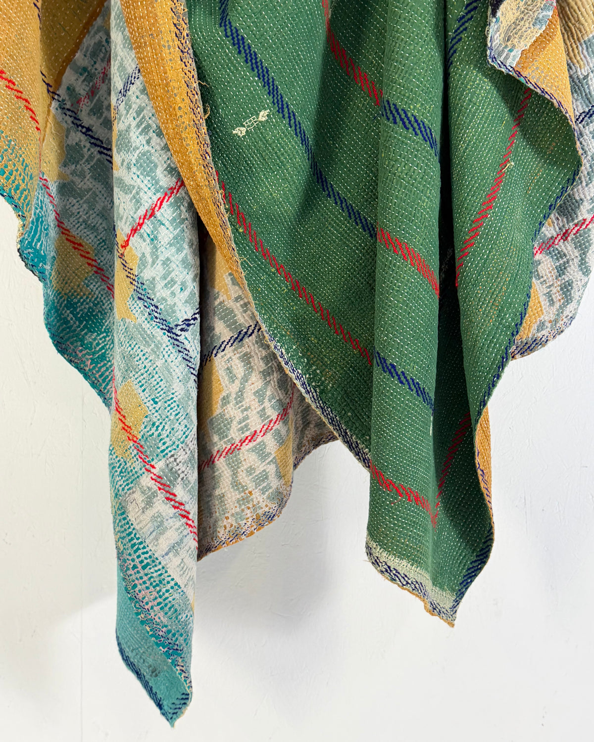 Extra Large Fine Stitched Embroidered Vintage Kantha Quilt in Green, Blue and Terracotta