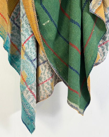 Extra Large Fine Stitched Embroidered Vintage Kantha Quilt in Green, Blue and Terracotta