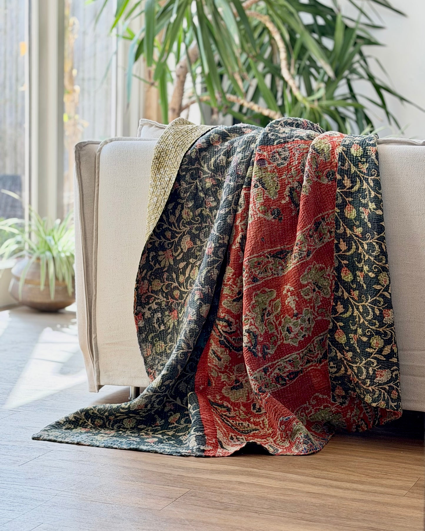 Hand Block Printed Fine Stitched Vintage Kantha Quilt In Muted Blue-Green and Orange