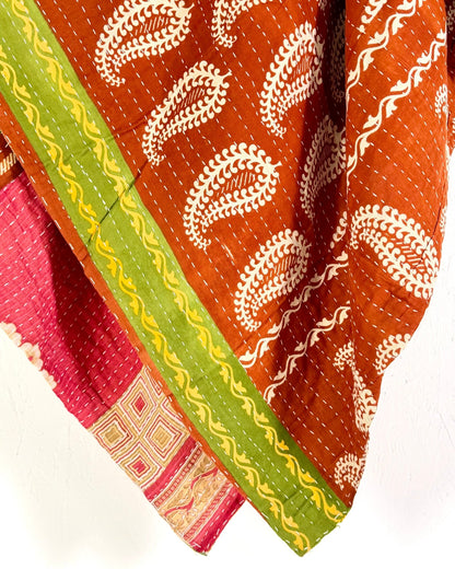 Vintage Cotton Kantha Quilt In Orange, Terracotta and Green 09 - Biggs & Hill