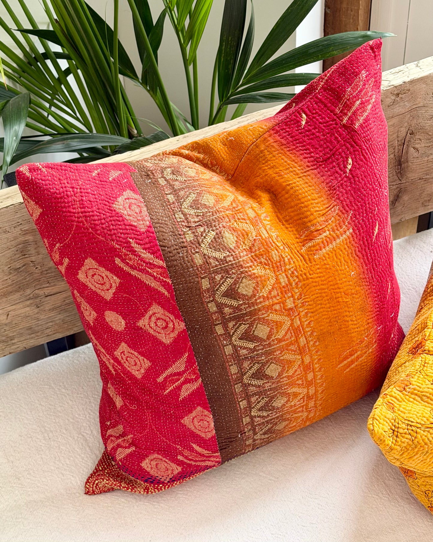 Vintage Kantha Cushion In Sunset Red and Orange - 45cm Square